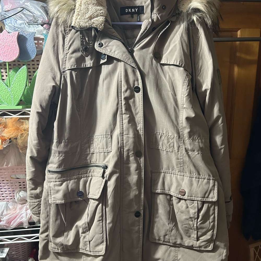 DKNY Women's Beige Utility Jacket with Fur Hood